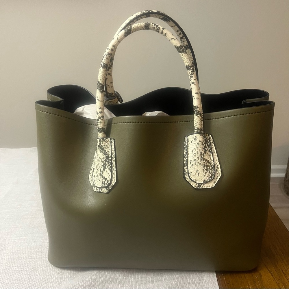 Steve Madden olive green tote with snake skin handles